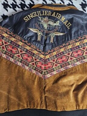 Vintage Singulier Air Mail Suede Leather Bomber Jacket Embroidered Pilot Western